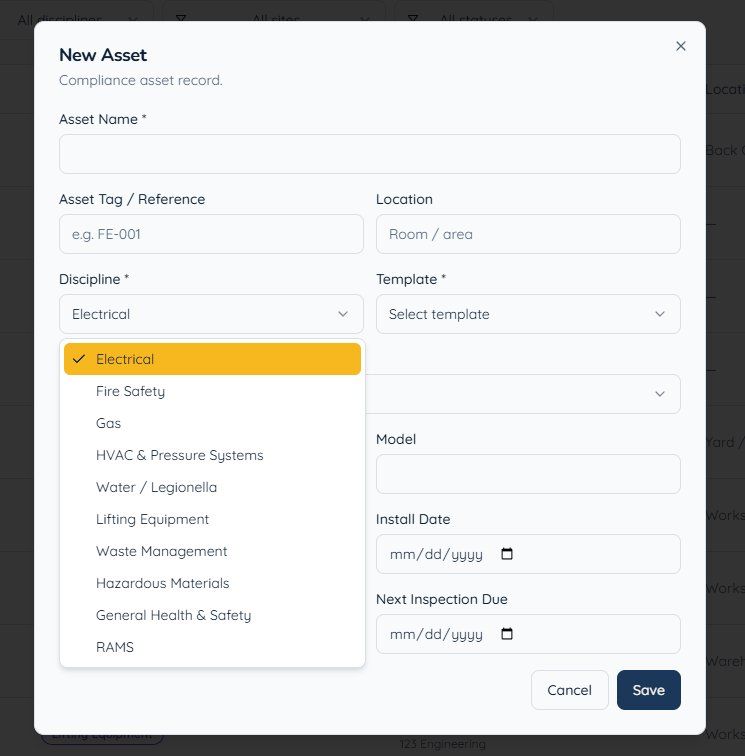 CertFlow asset register and new-asset form