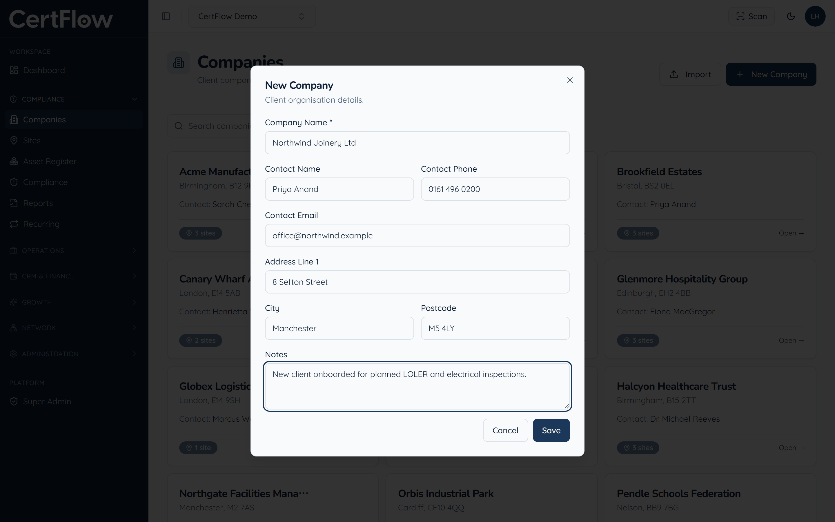 How to add a client: Add the address and any notes