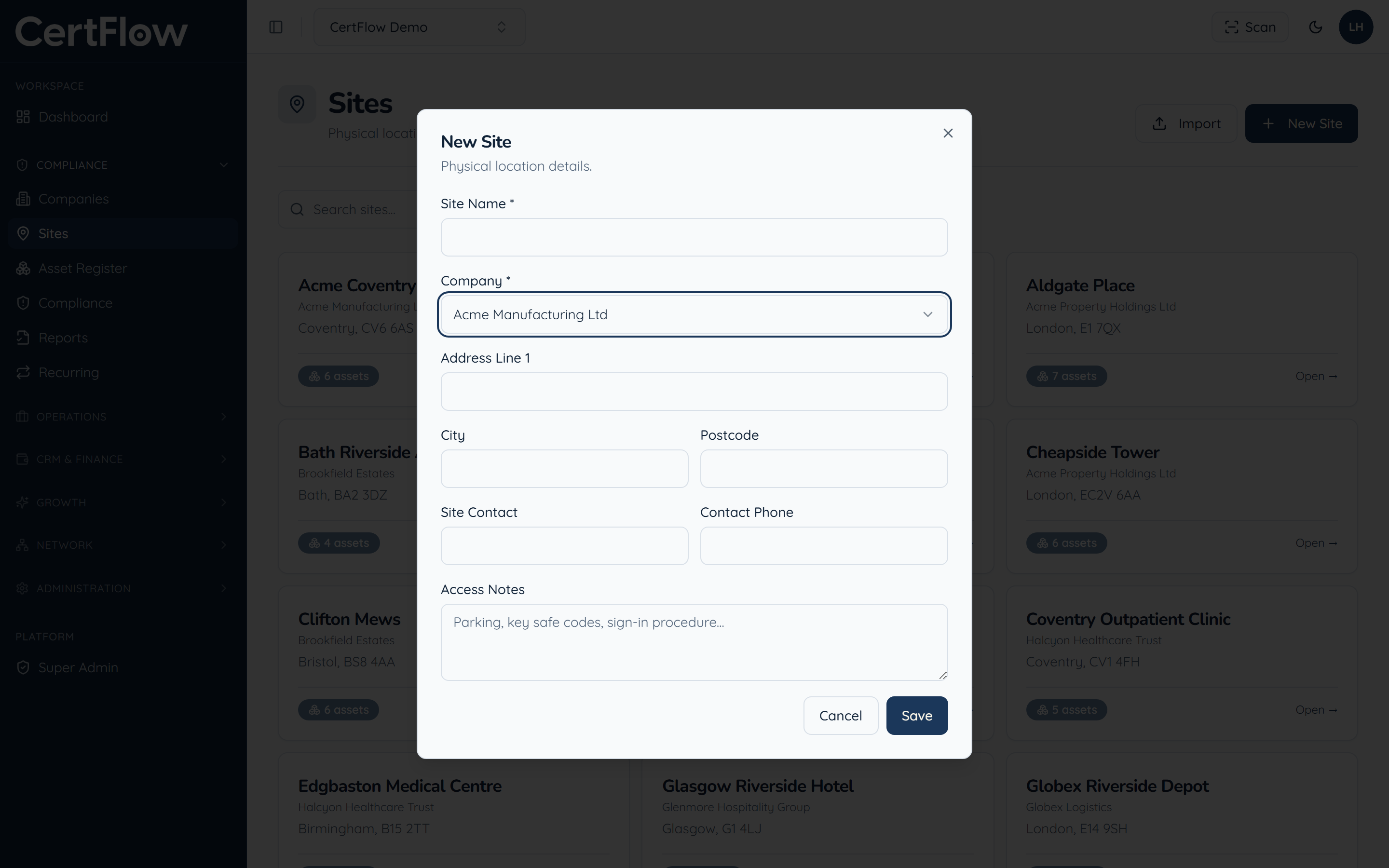 How to add a site: Choose the client and name the site