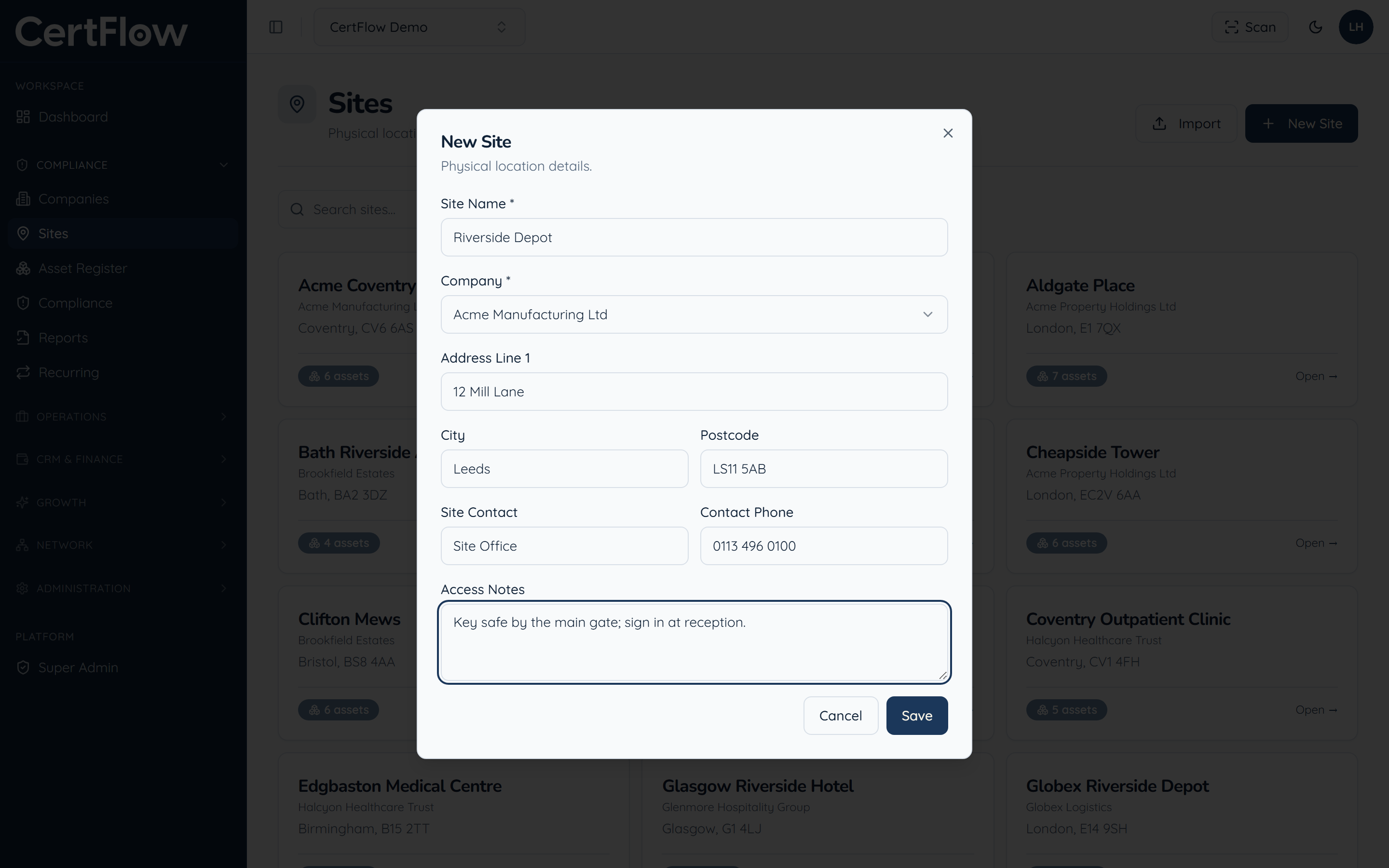 How to add a site: Add contact and access details