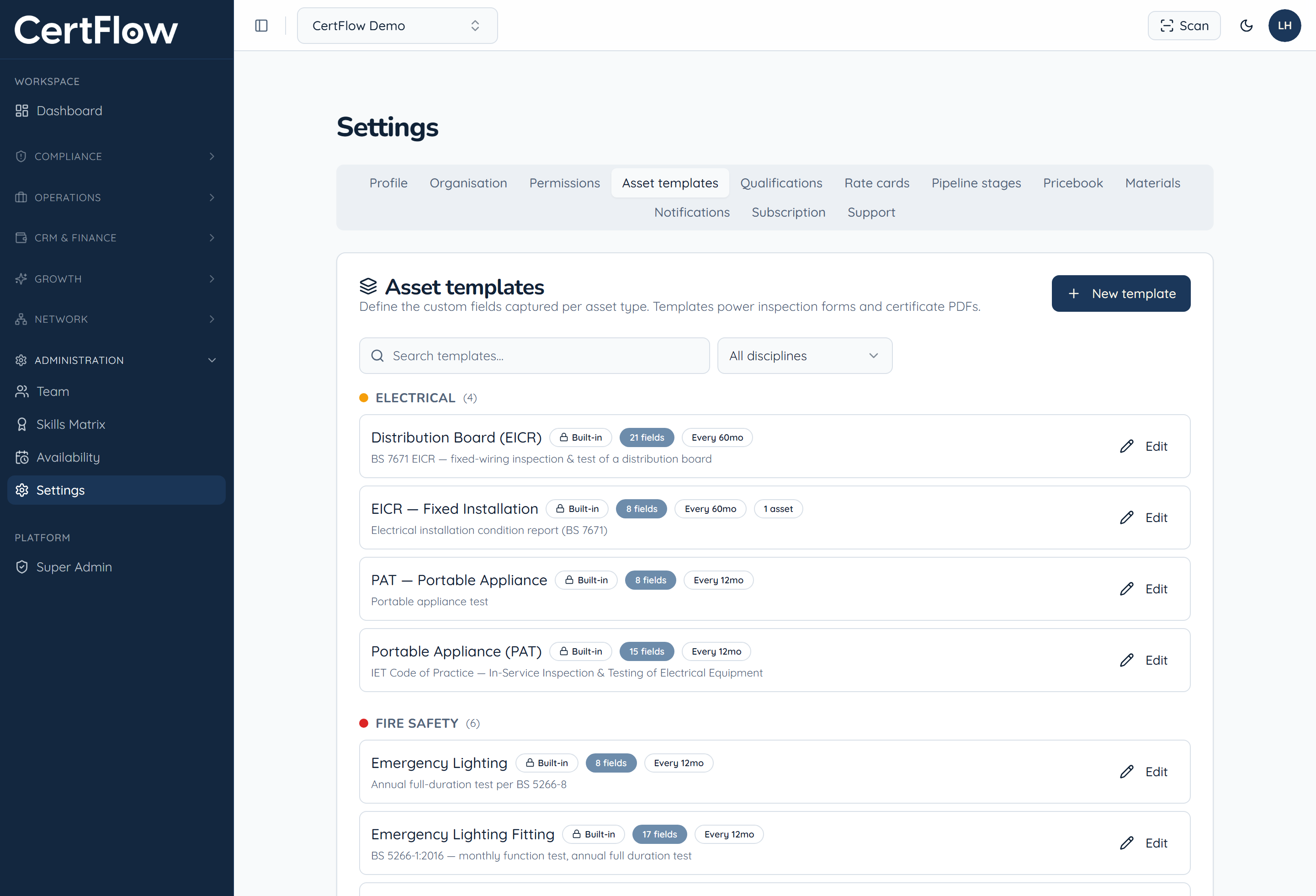 Customise asset templates: Open Asset templates