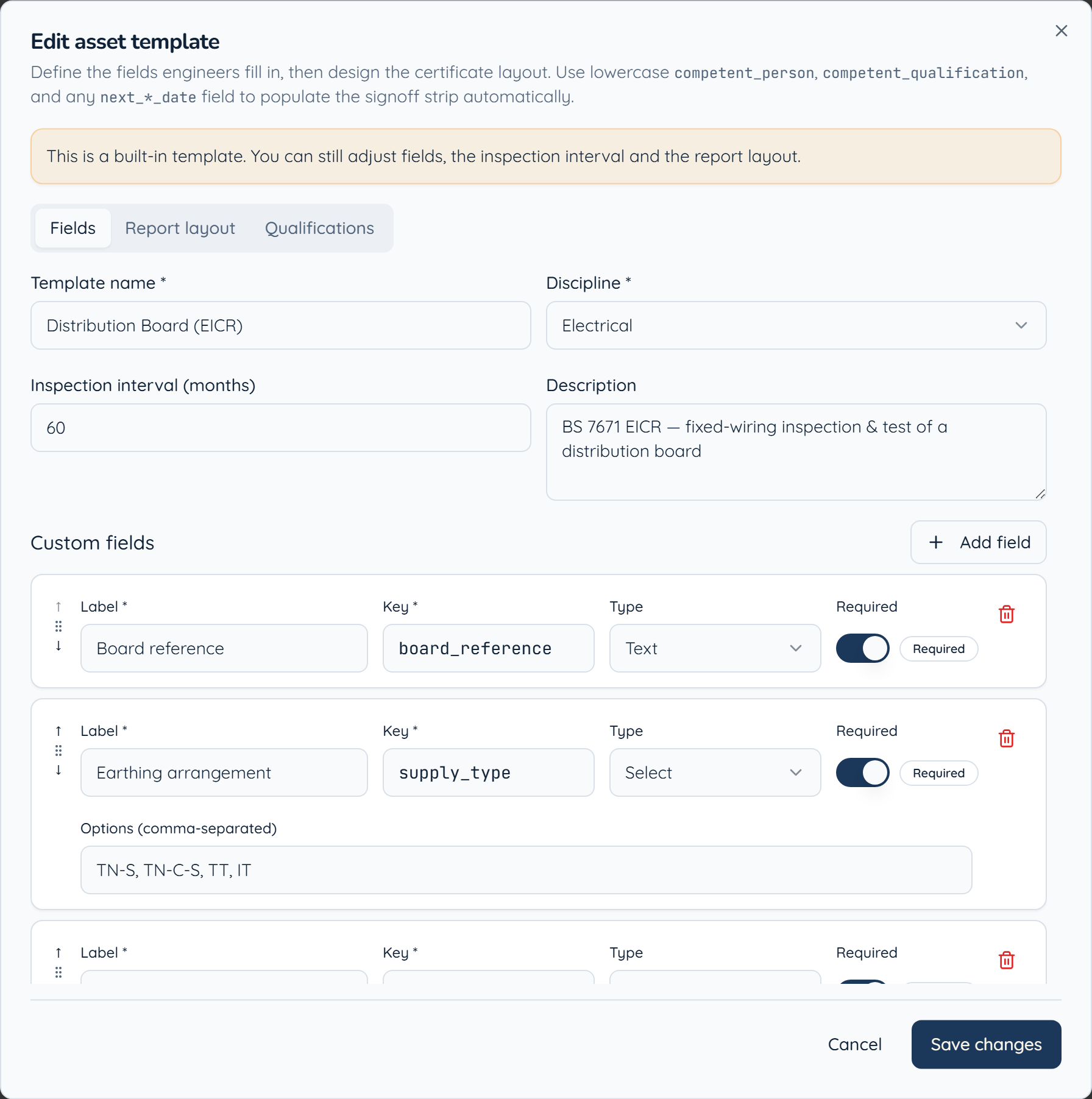 Customise asset templates: Edit the fields and layout