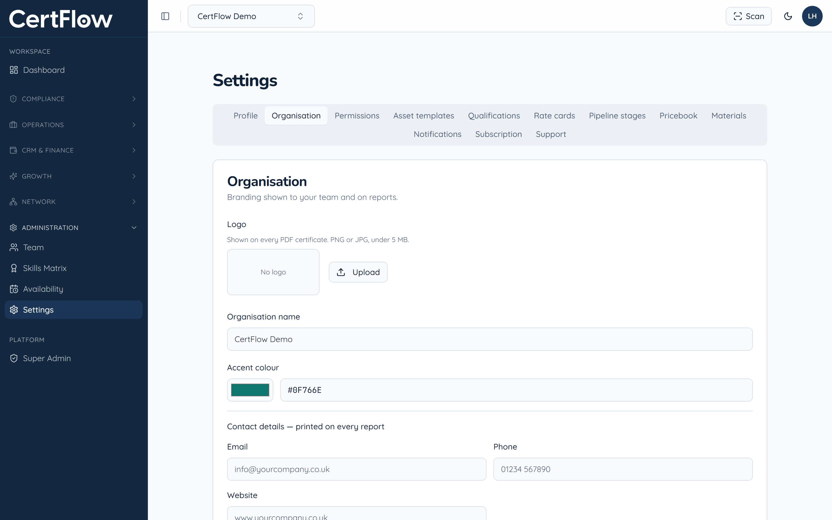Brand your certificates and reports: Open Settings and go to Organisation