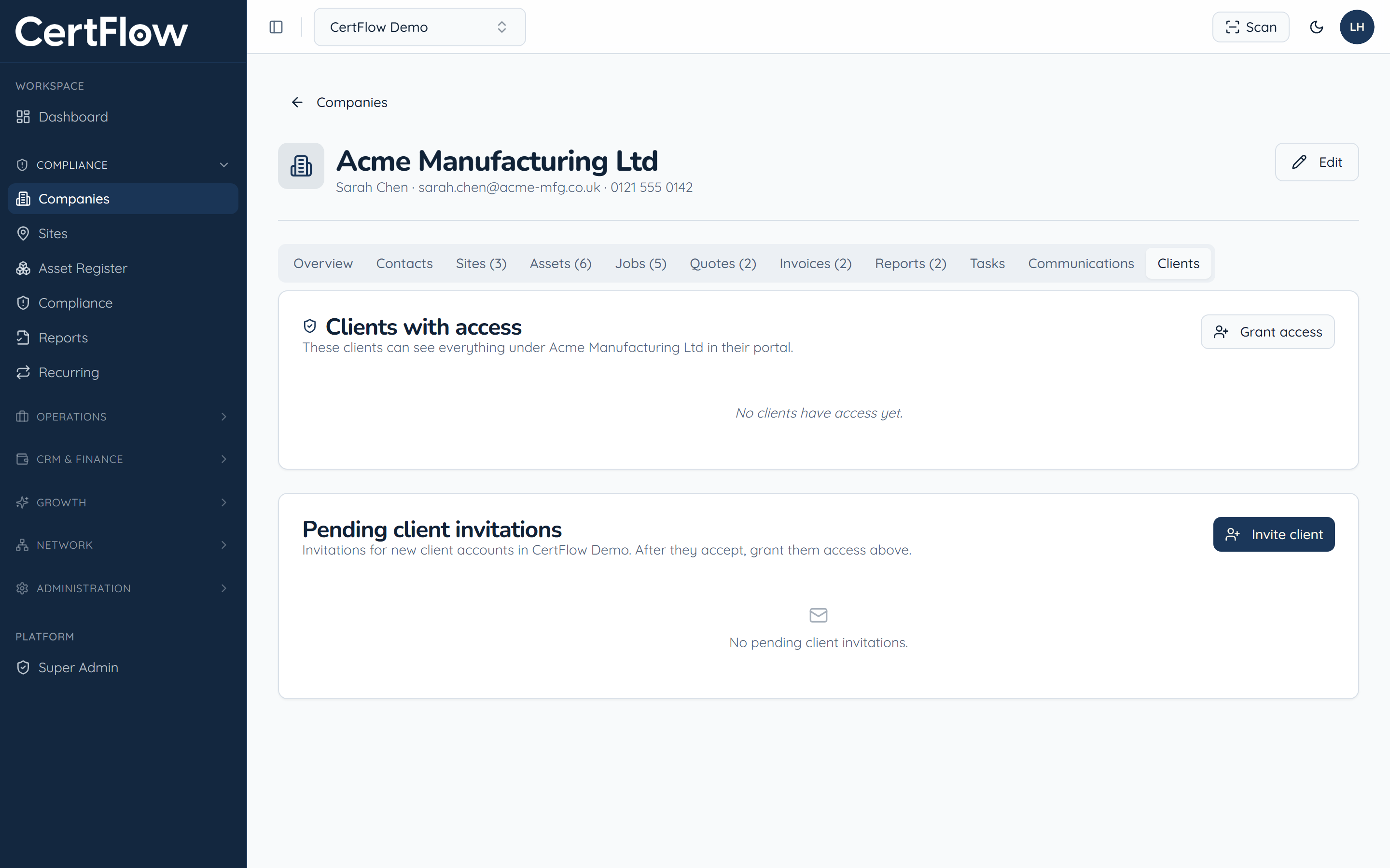 Give clients access to their portal: Open the company and go to the Clients tab