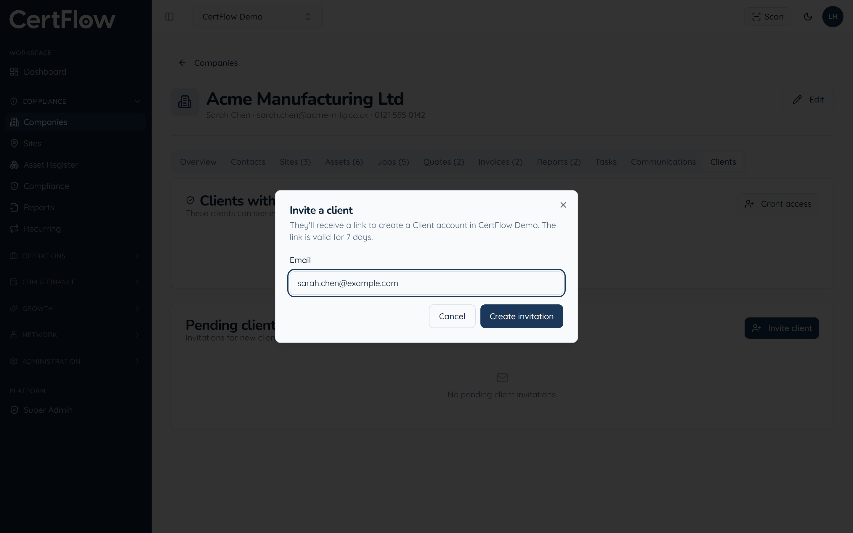 Give clients access to their portal: Invite the client