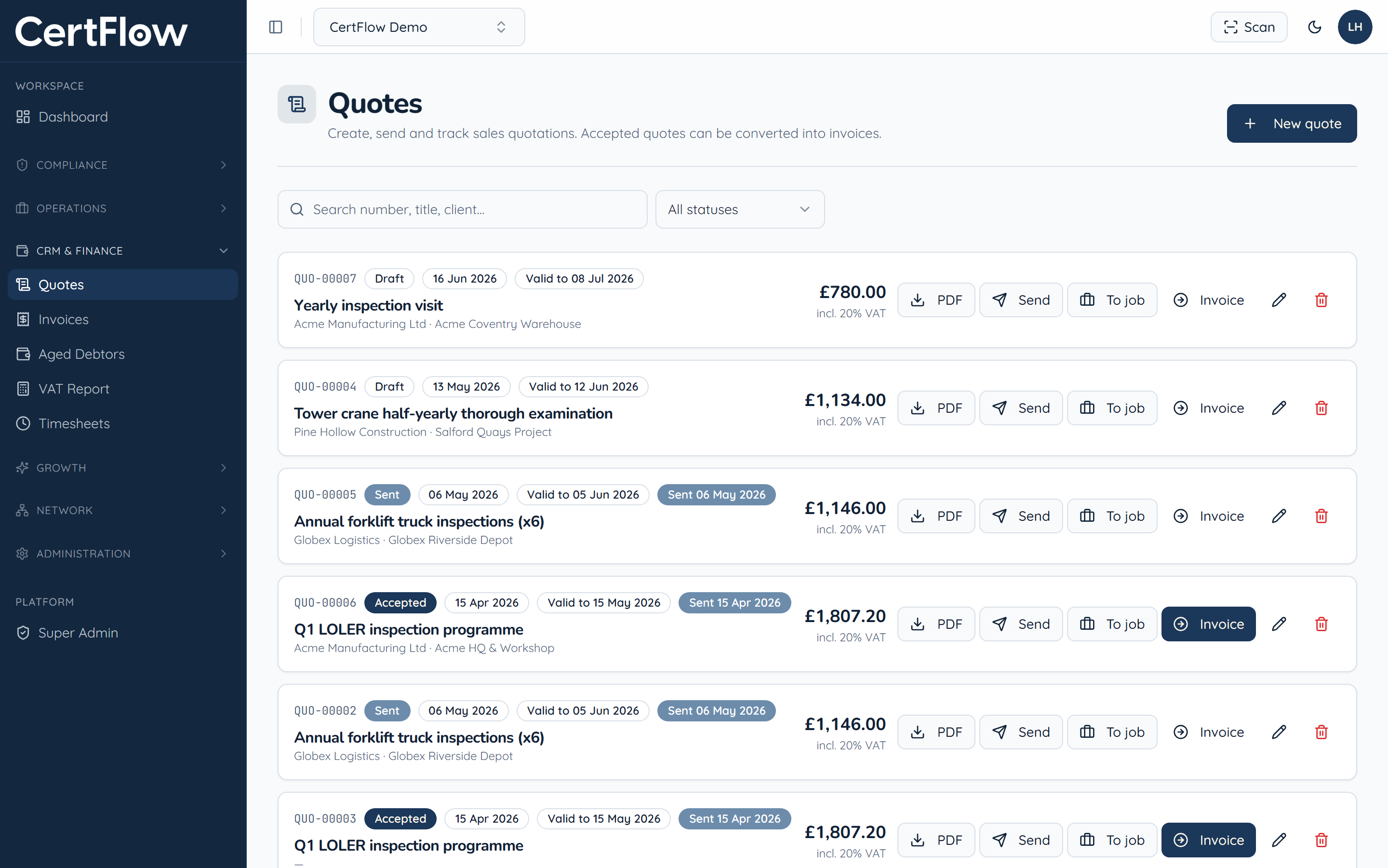 Create and send a quote: Open Quotes and start a new one