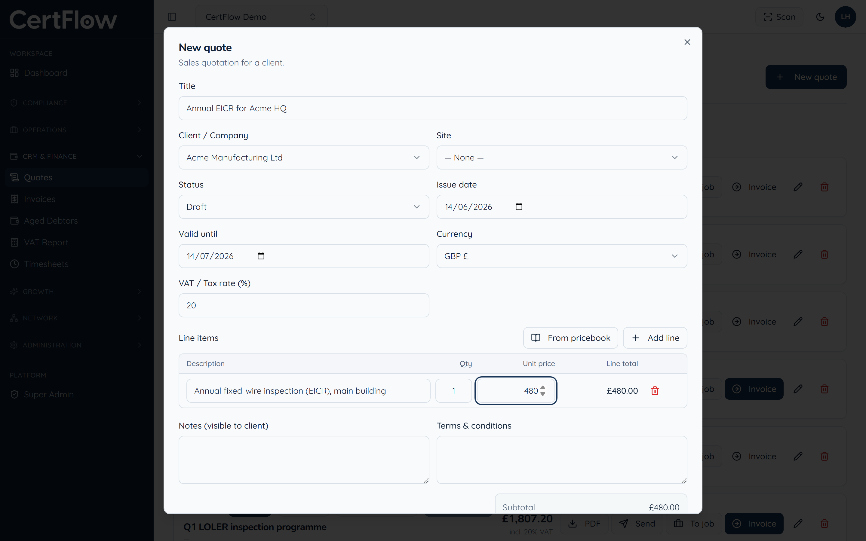 Create and send a quote: Add the client and line items