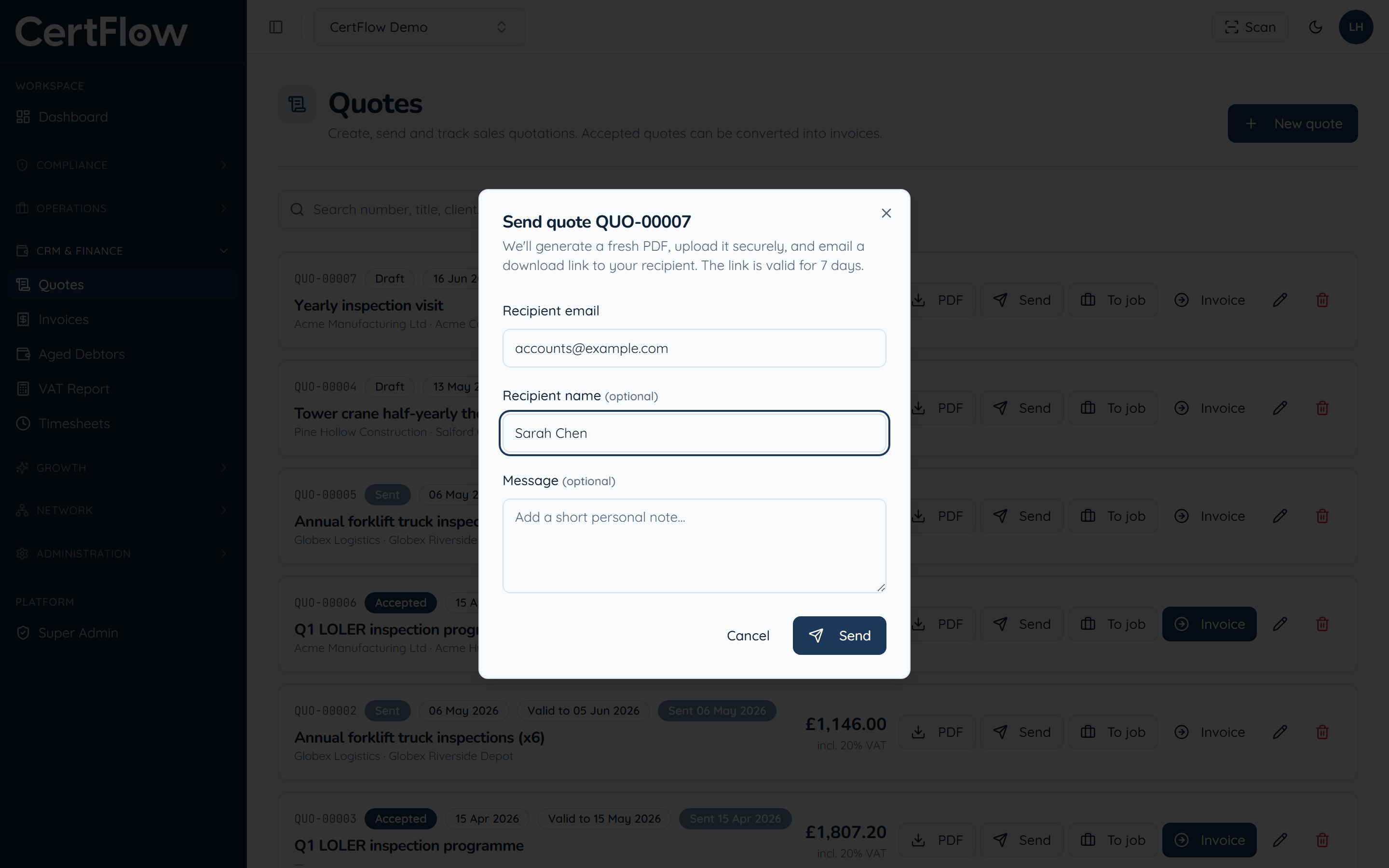 Create and send a quote: Send it to your client