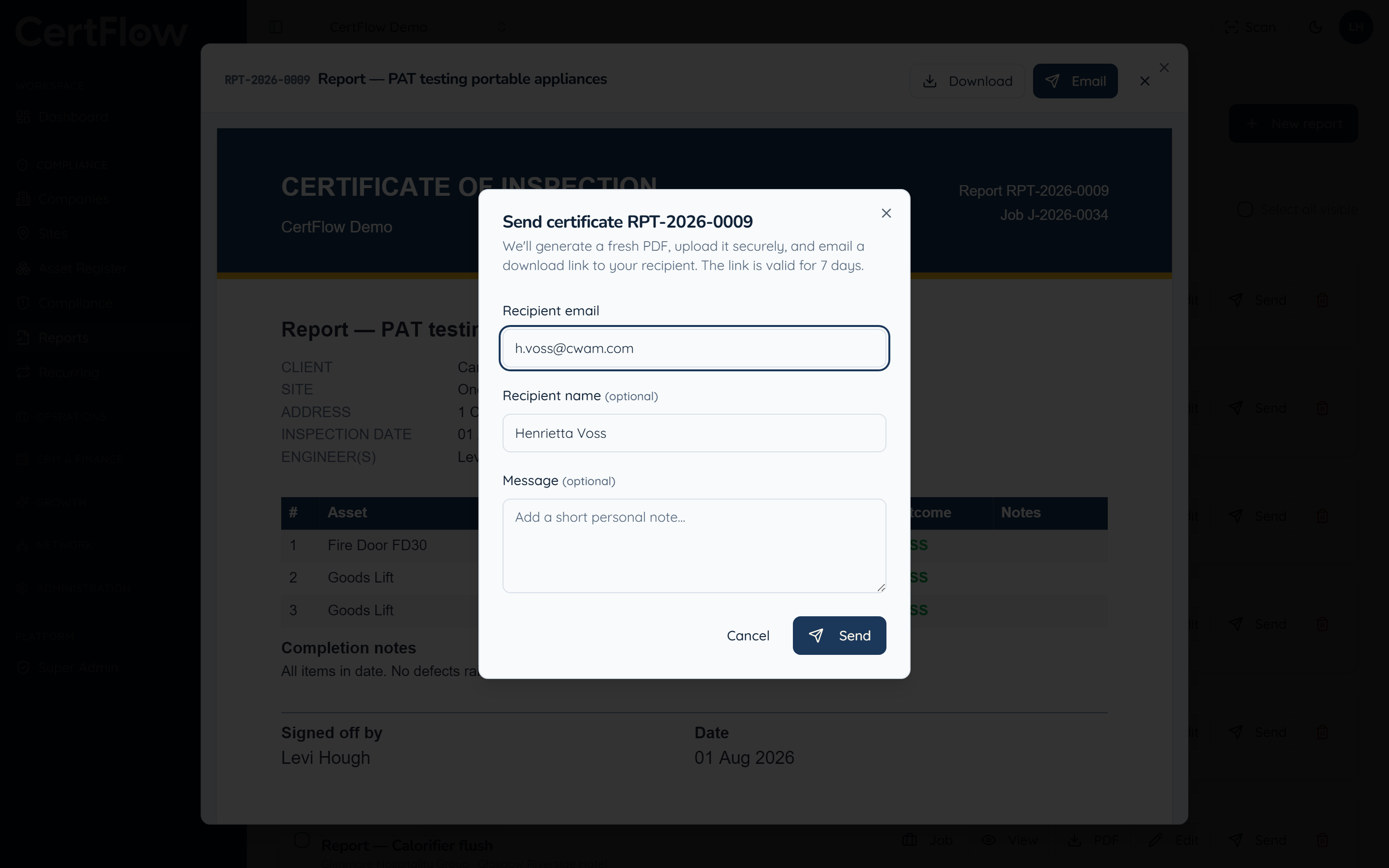 How to generate and send a certificate: Download or email it to the client