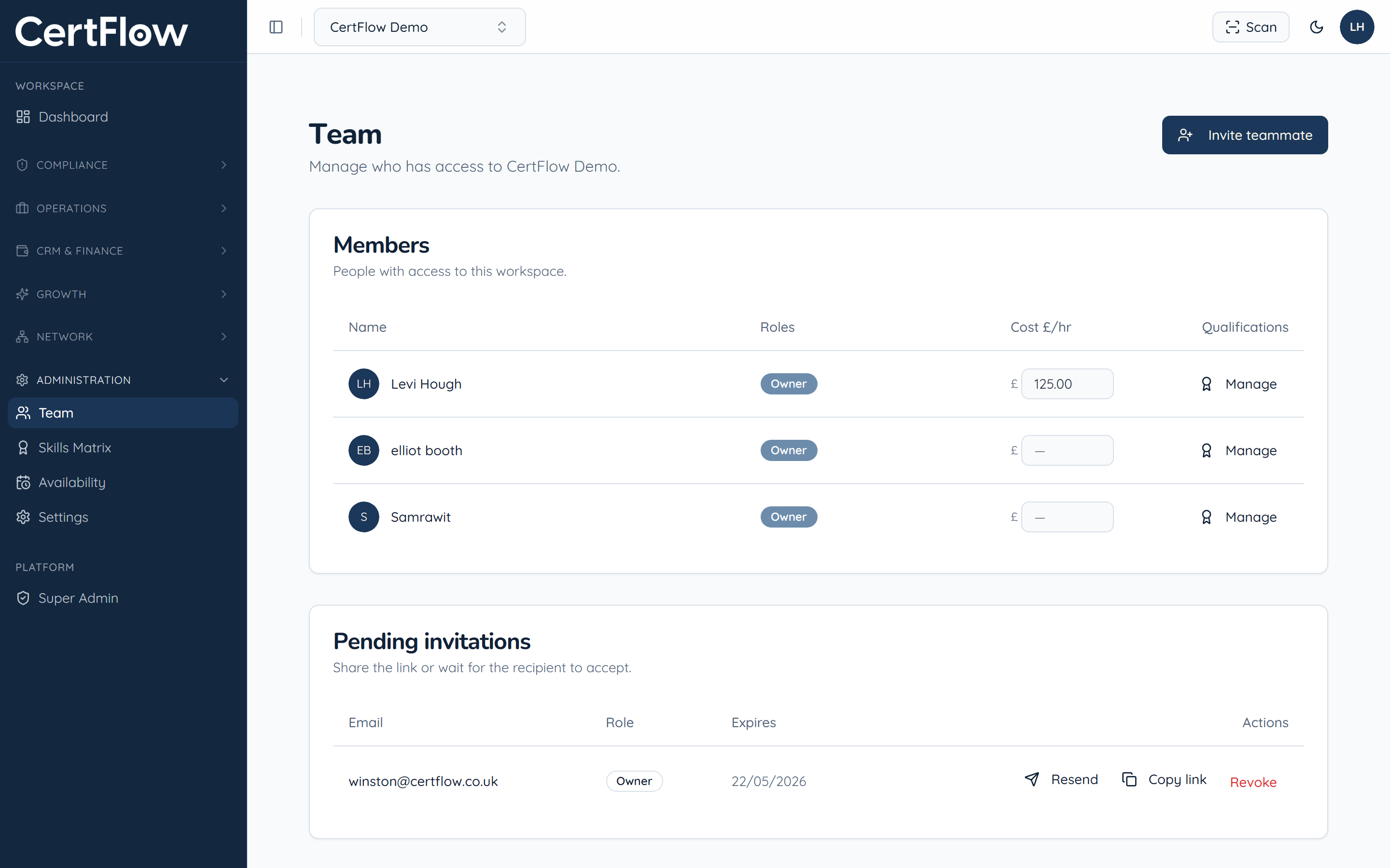 How to invite your team: Open Team and click Invite teammate