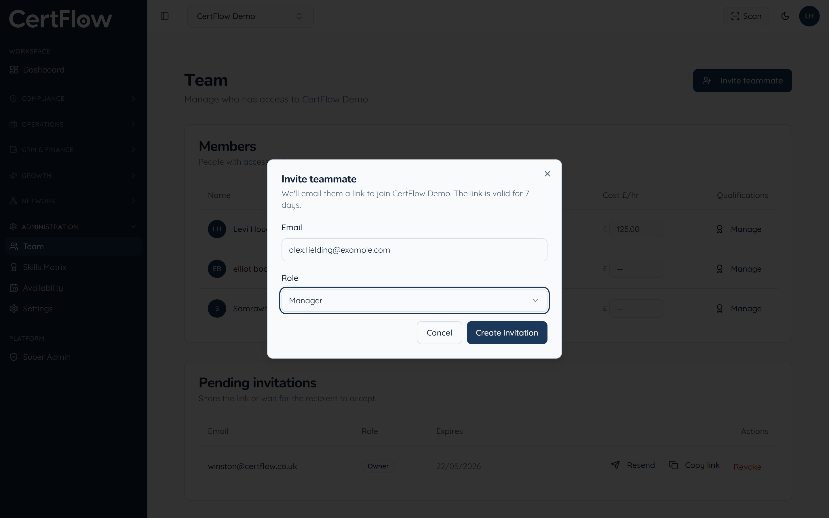 How to invite your team: Enter their email and choose a role