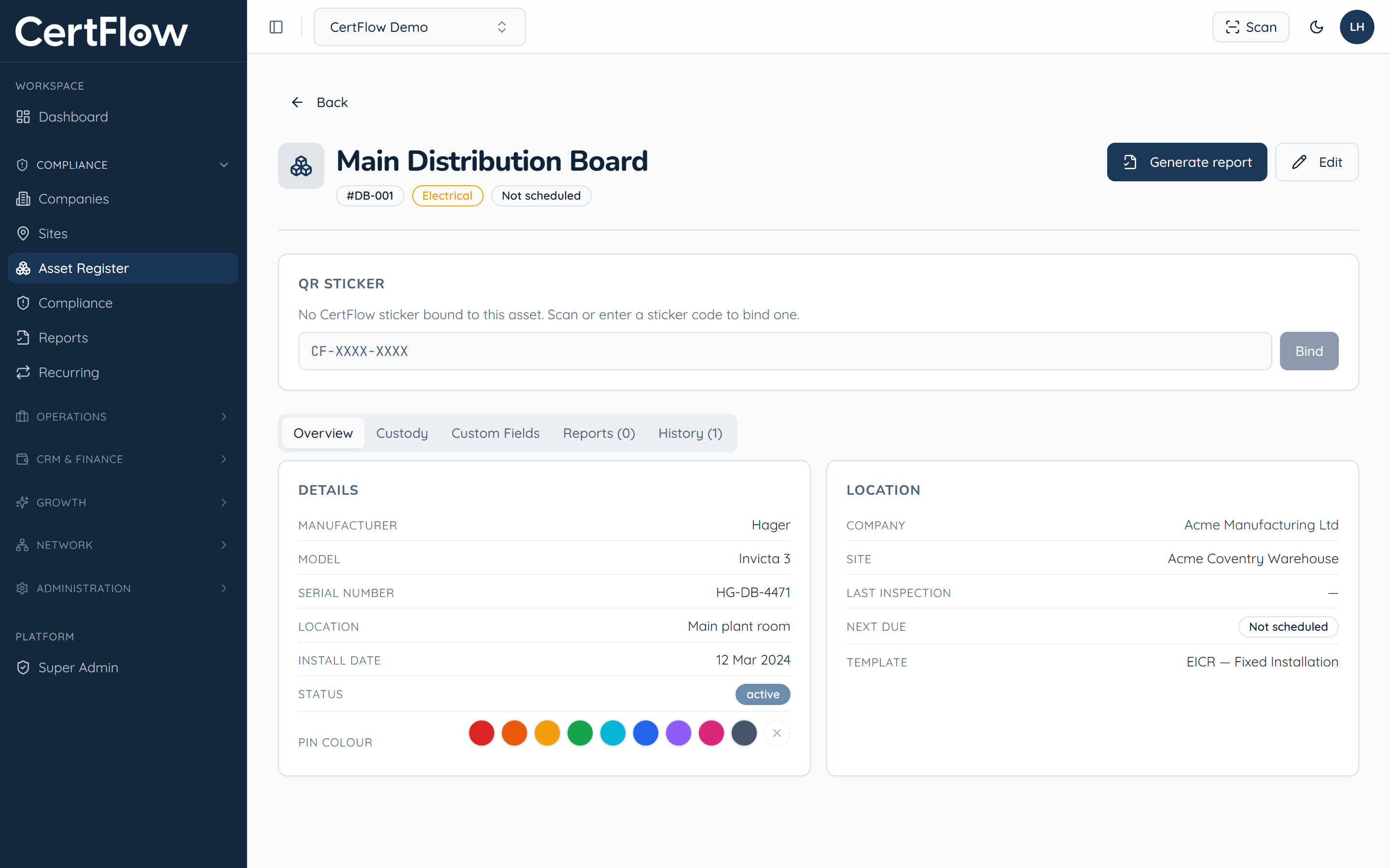 QR asset tags and scanning: Open the asset and find the QR Sticker panel