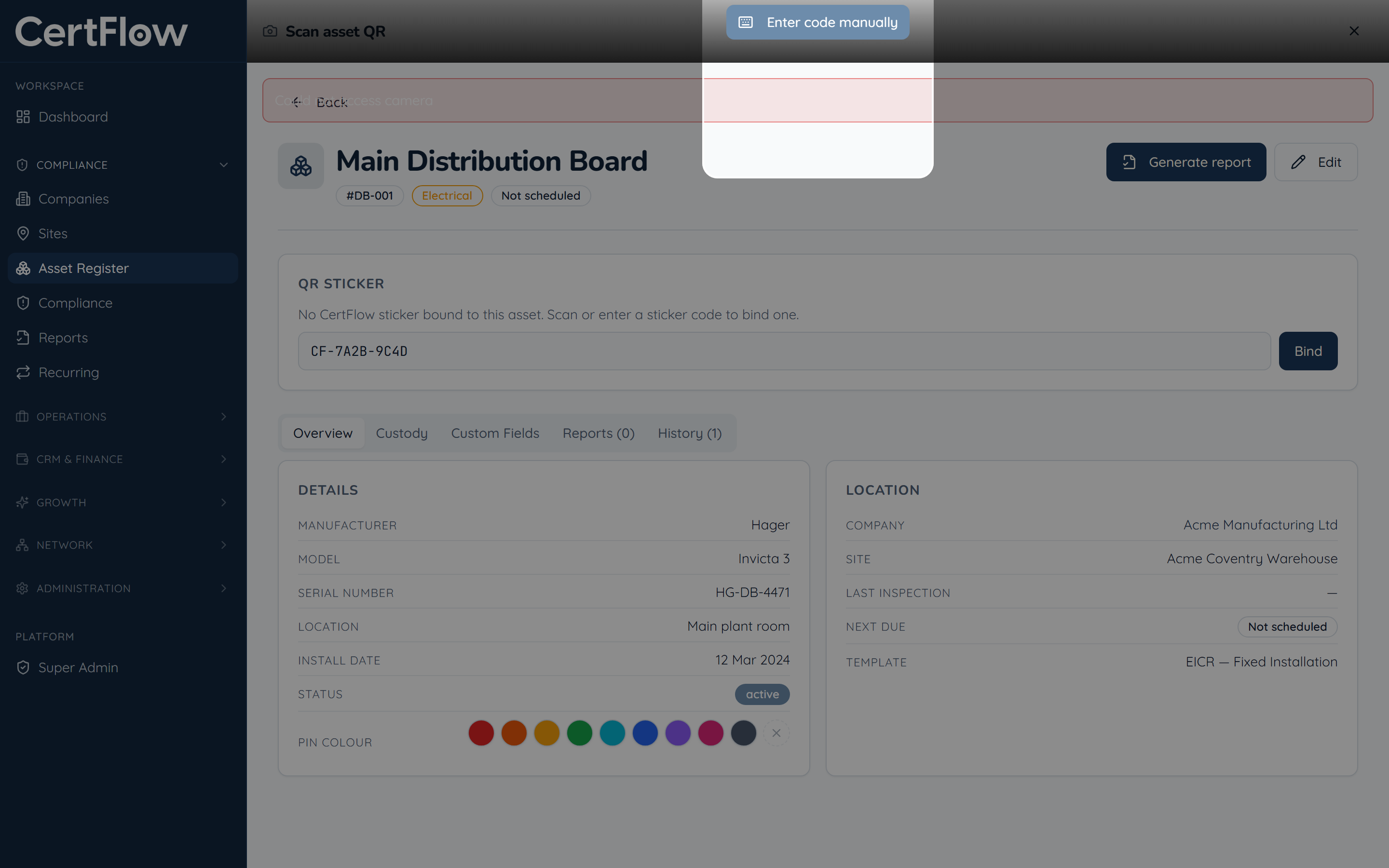 QR asset tag scan opening a CertFlow equipment record
