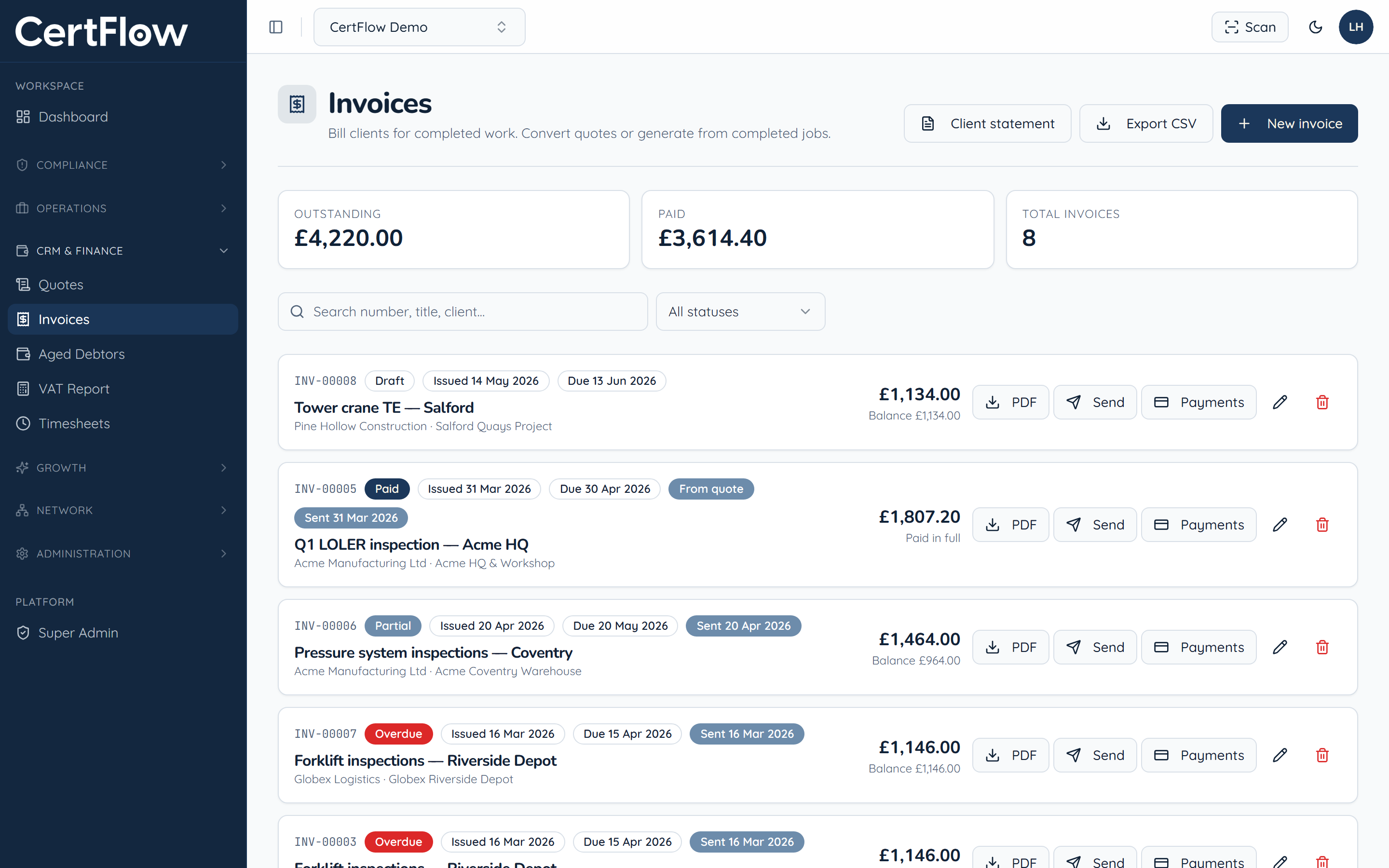 Raise and send an invoice: Open Invoices and create one