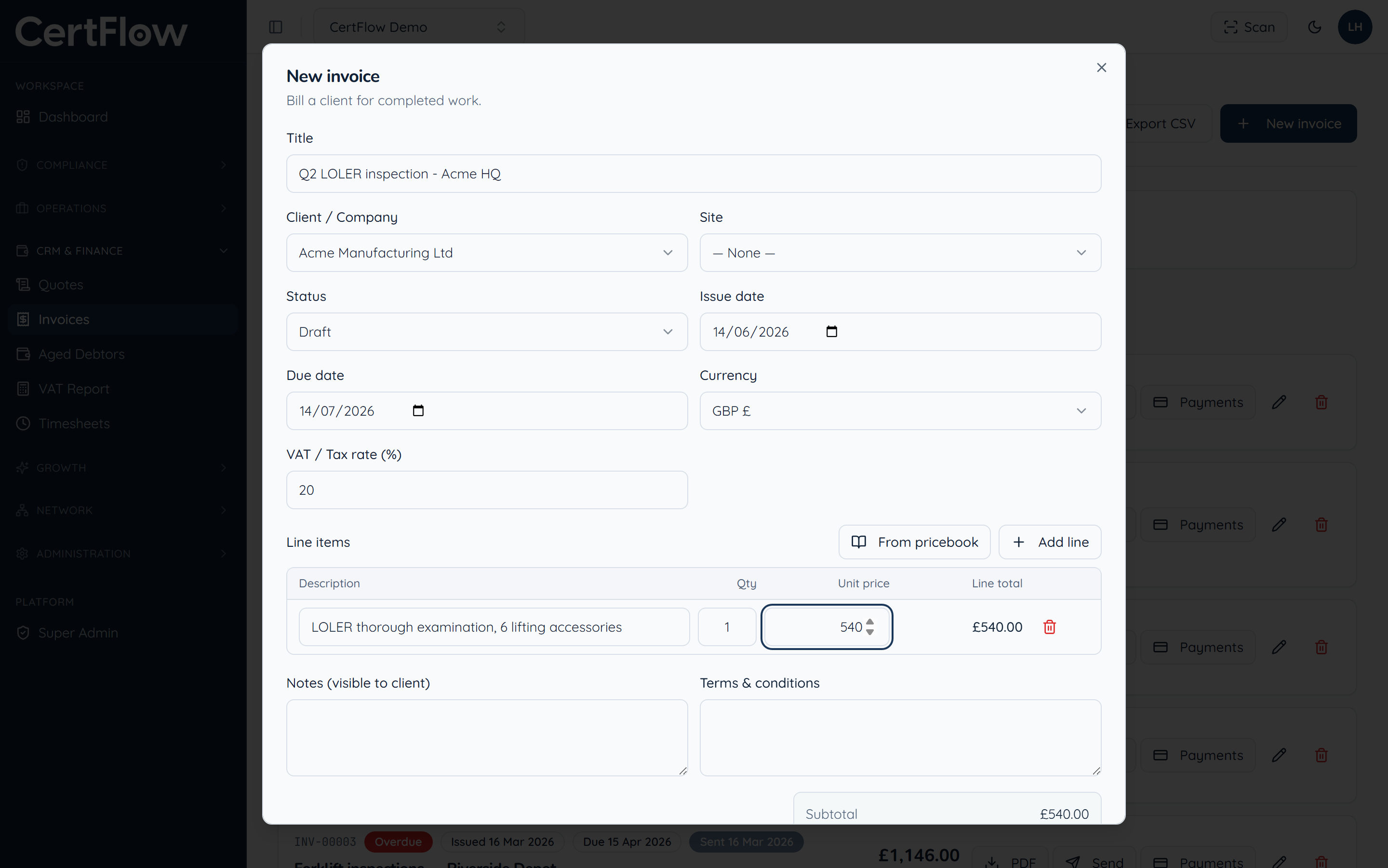 Raise and send an invoice: Add the client and line items