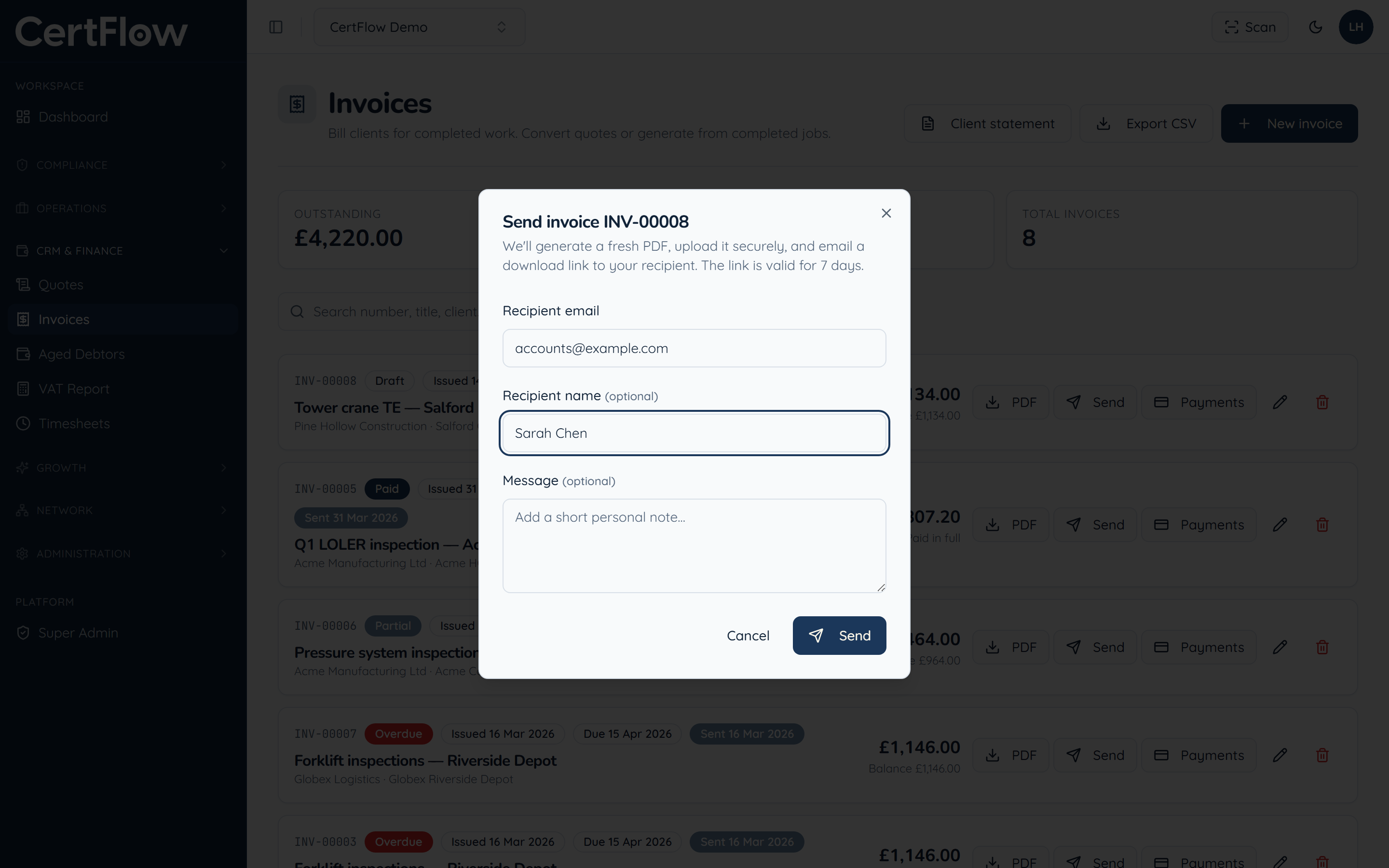 Raise and send an invoice: Send the invoice