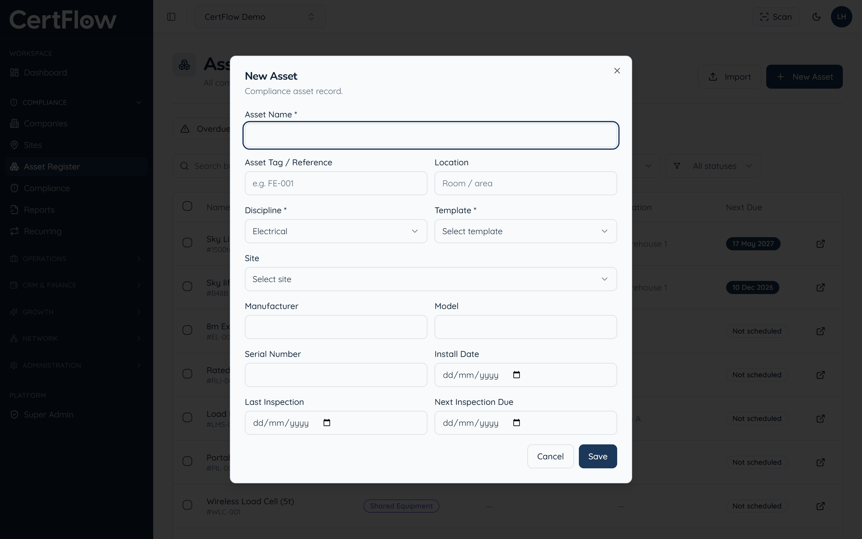 How to register an asset: Name the asset, then choose its discipline and template