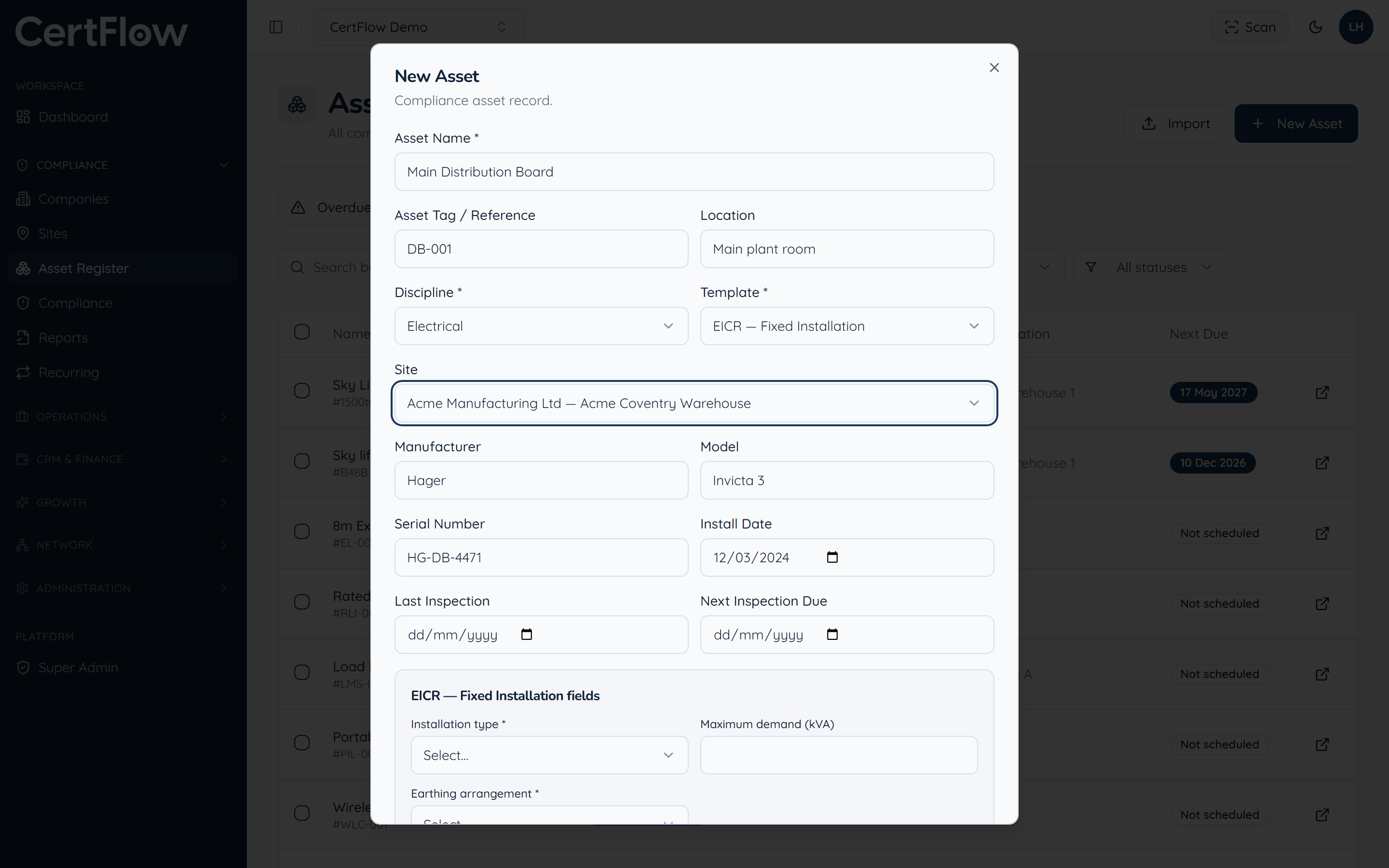 How to register an asset: Link it to a site and add the details