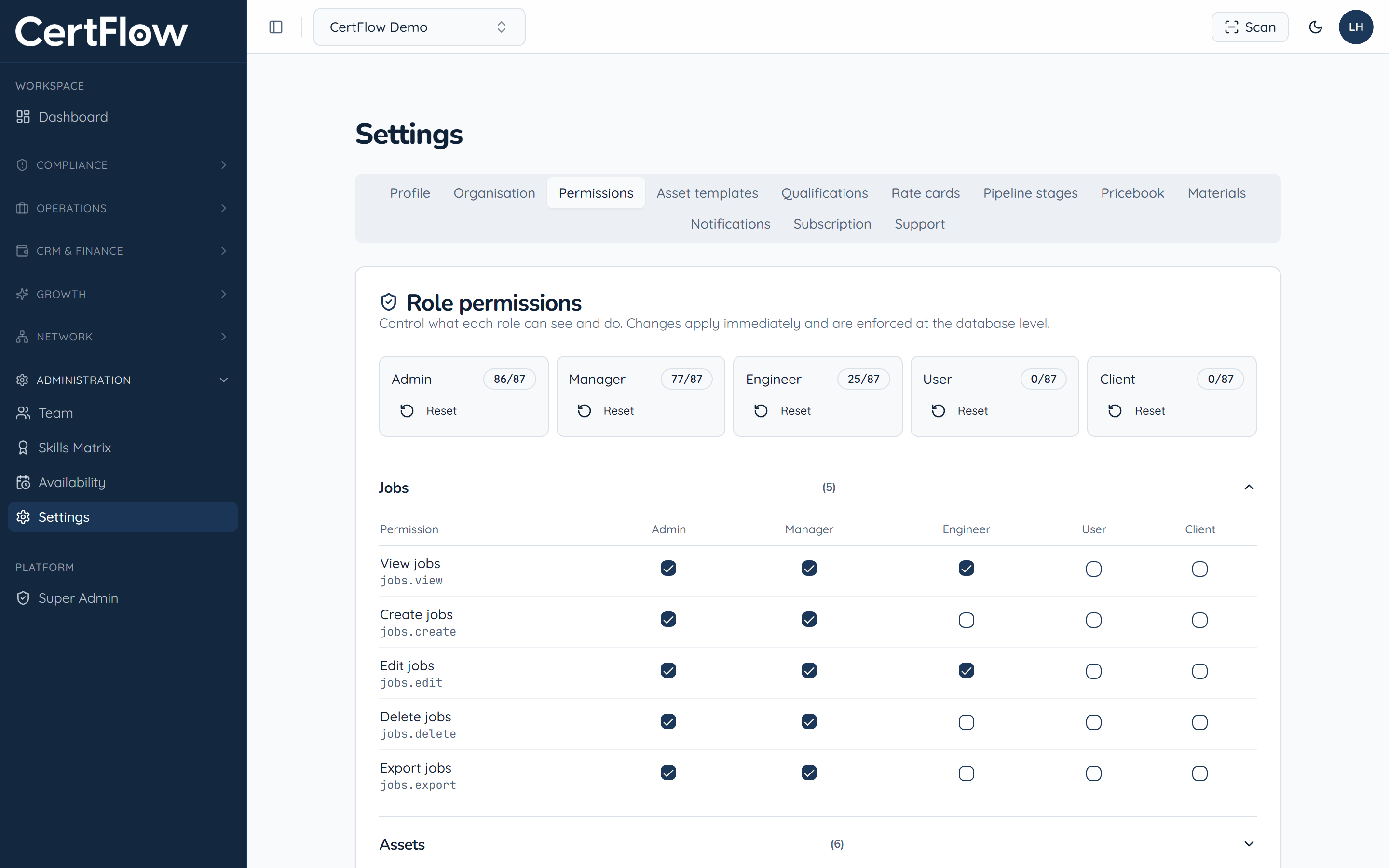 Control roles and permissions: Open the Permissions settings