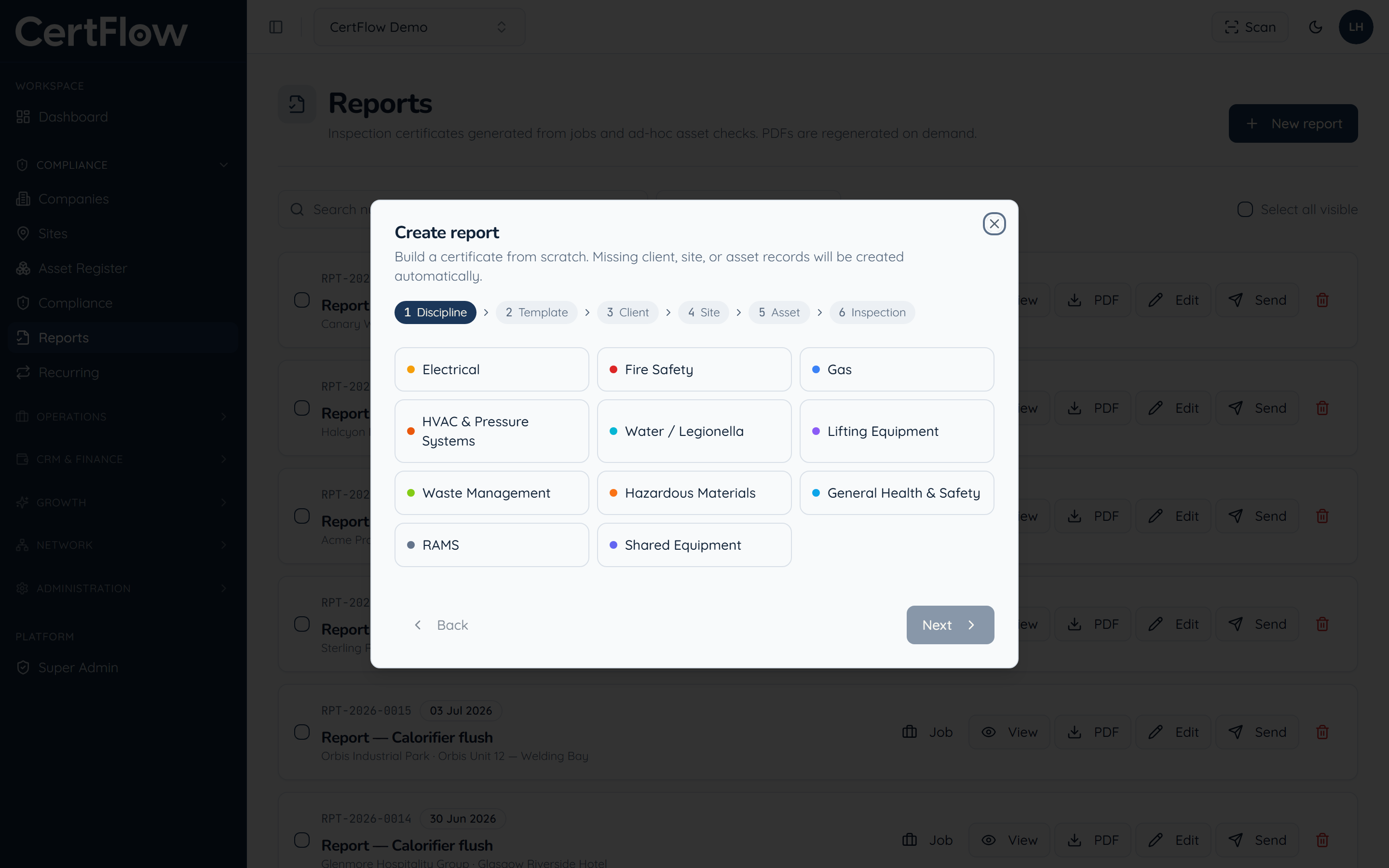 How to run an inspection: Open Reports, click New report, and choose the discipline