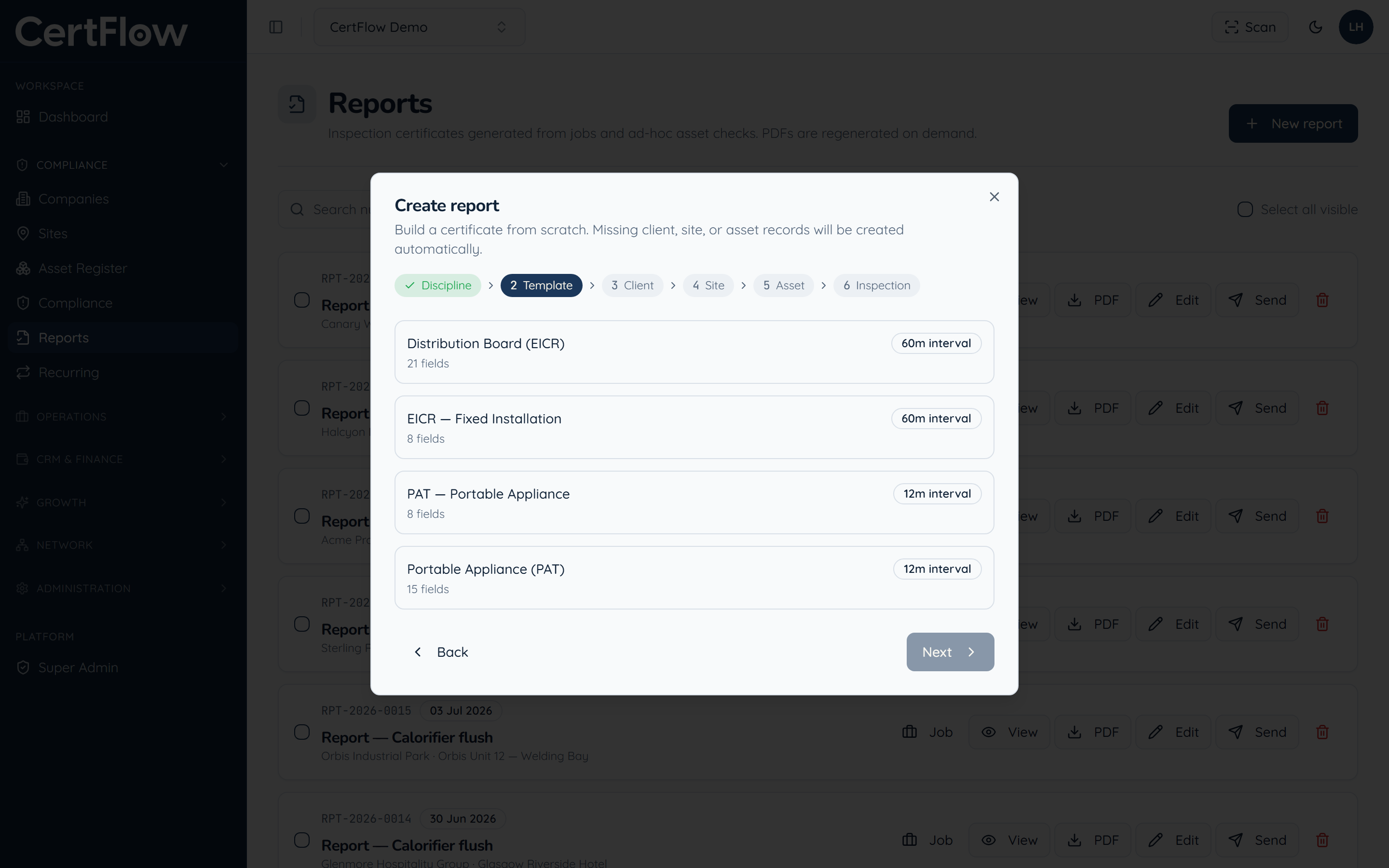 How to run an inspection: Choose the inspection template
