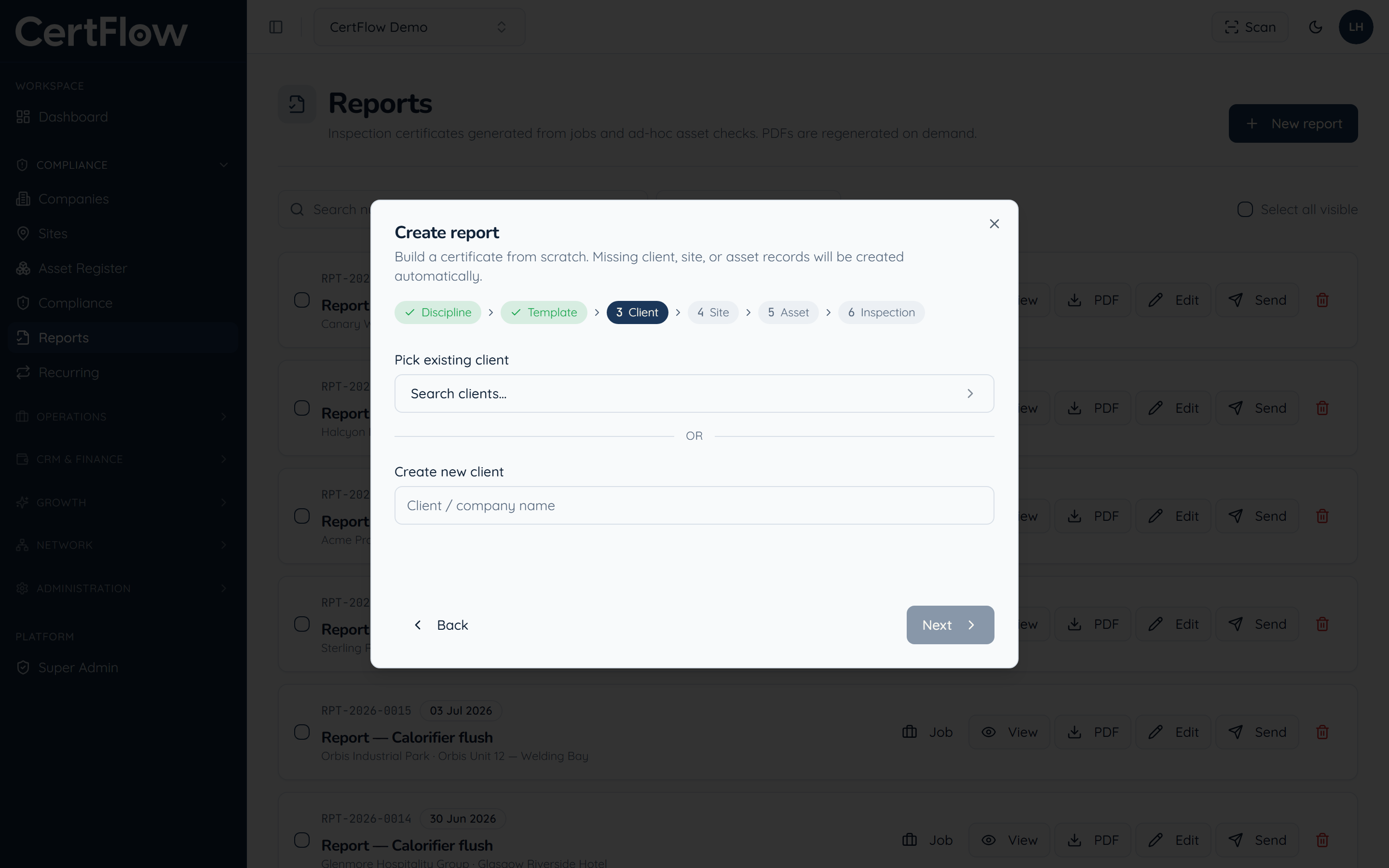 How to run an inspection: Pick the client, site and asset