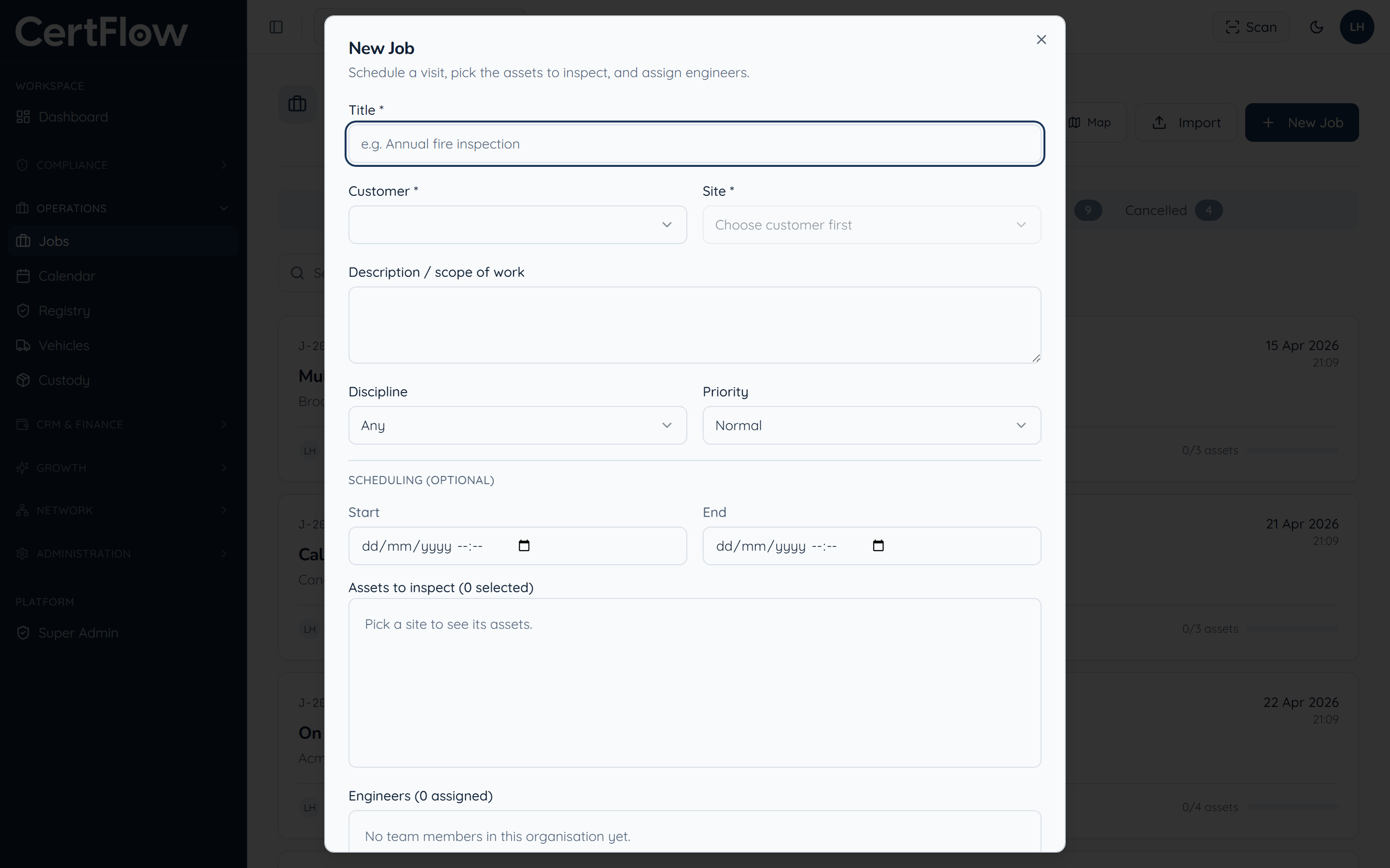 How to schedule a job: Title the job and pick the client and site