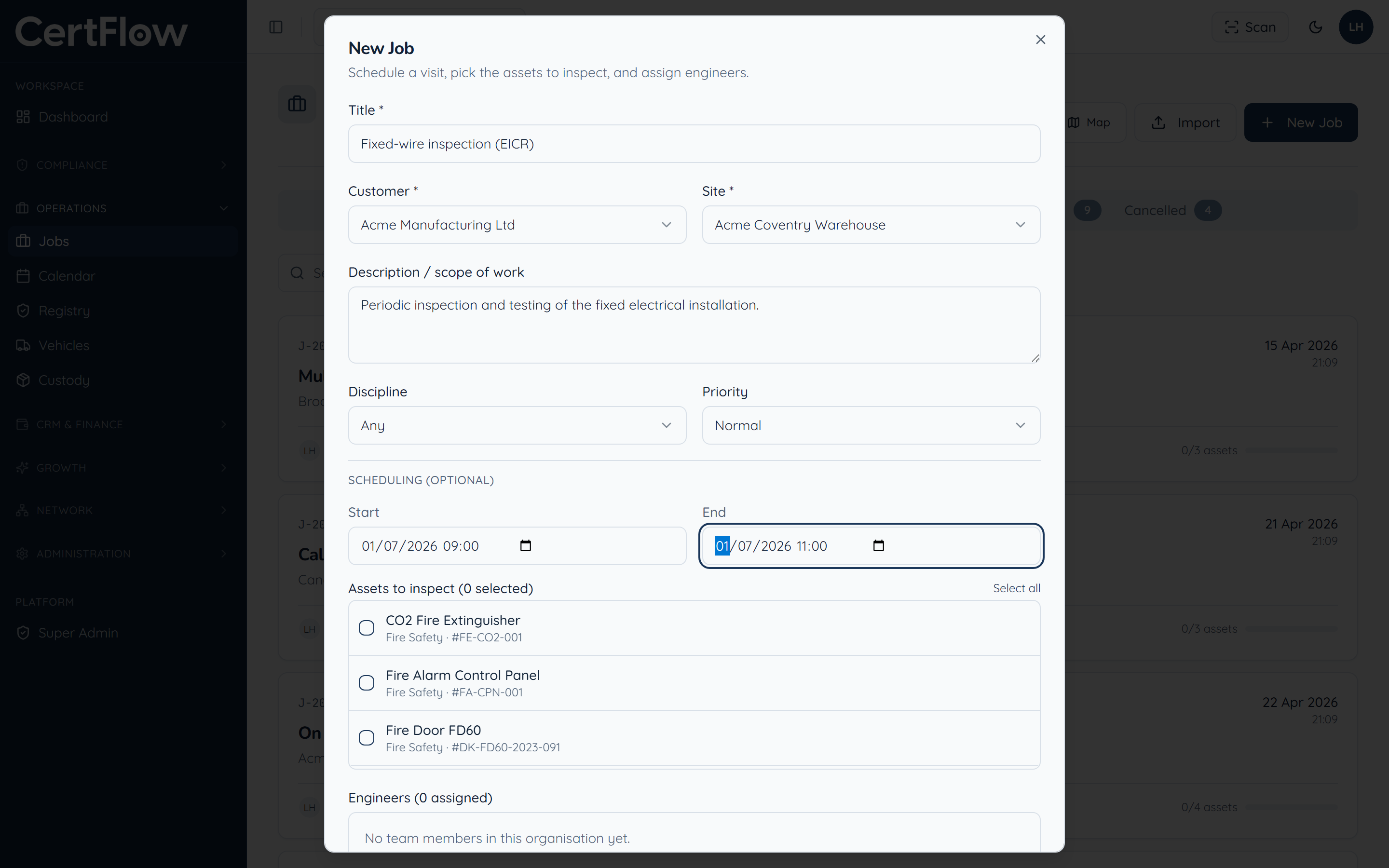 How to schedule a job: Choose the assets, set the date and assign engineers