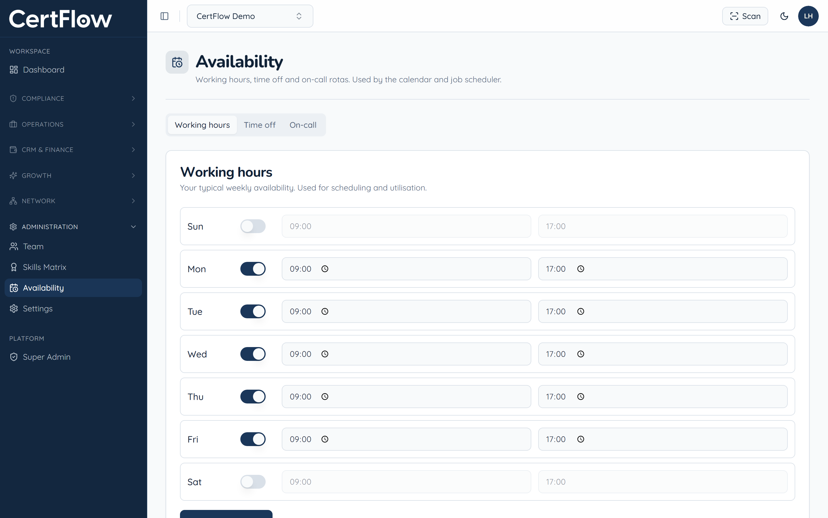 Set working hours, time off and on-call: Set weekly working hours