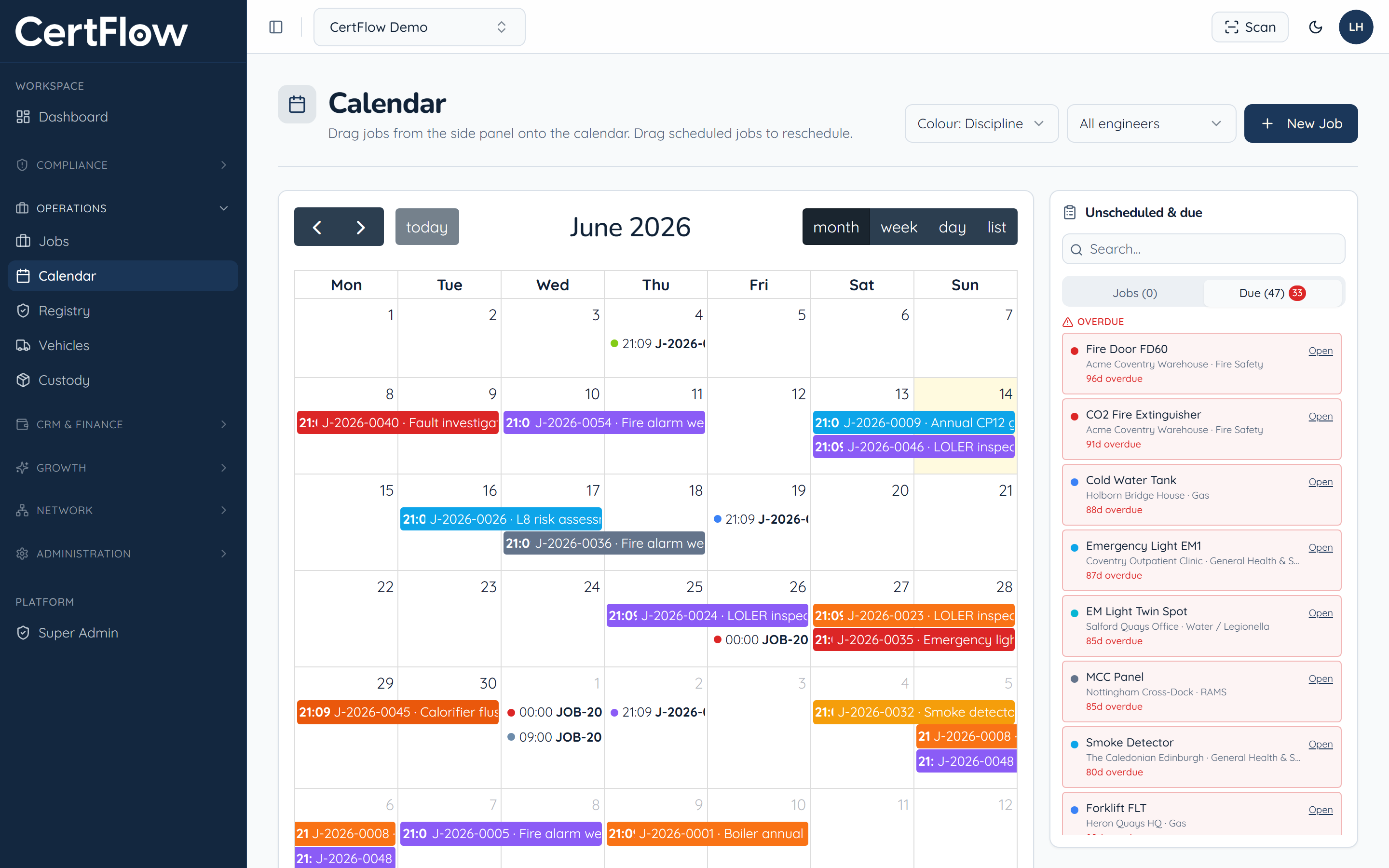 Using the calendar: Drag due work onto a day